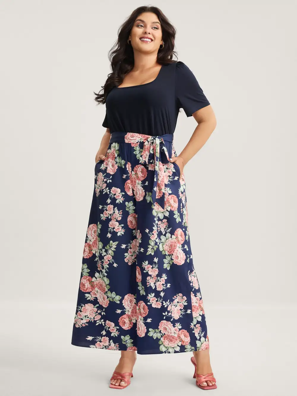 Color Contrast Belted Panel Pockets Jumpsuit