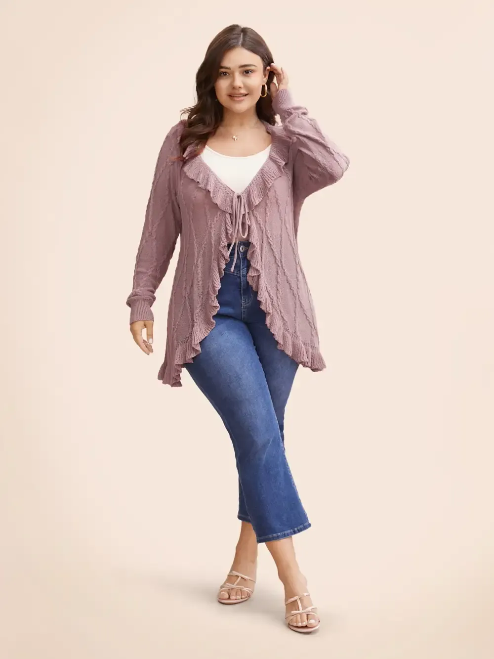 Ruffle Trim Ties Cable Knit Cardigan