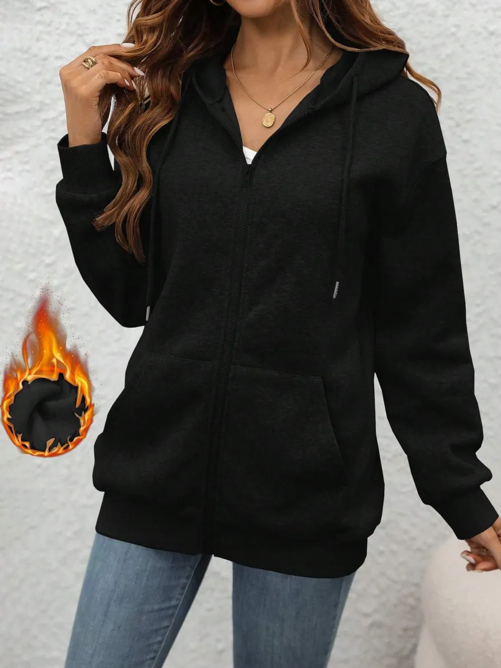 Women's Autumn/Winter Heart Printed Fleece Hooded Drawstring Jacket