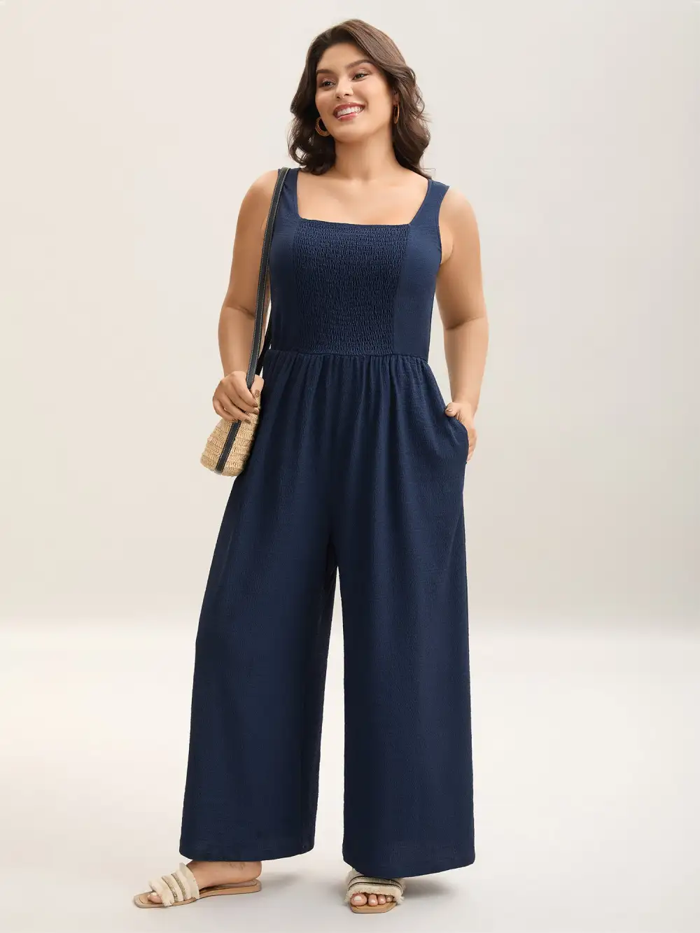 Shirred Pockets Wide-Leg Plain Jumpsuit