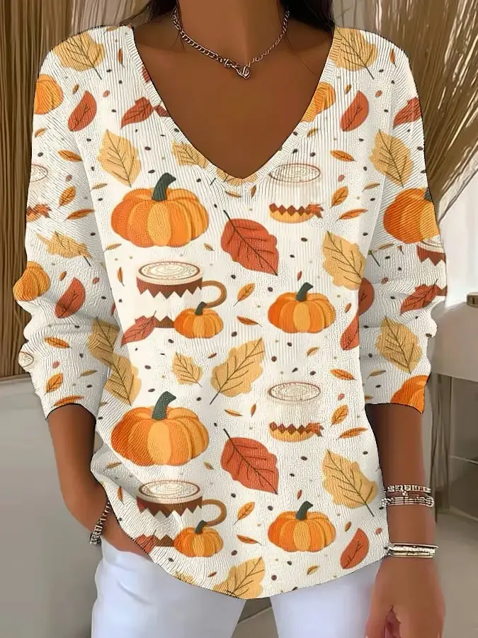 Women's Retro Autumn Maple Leaf Print Drop Shoulder Sweater