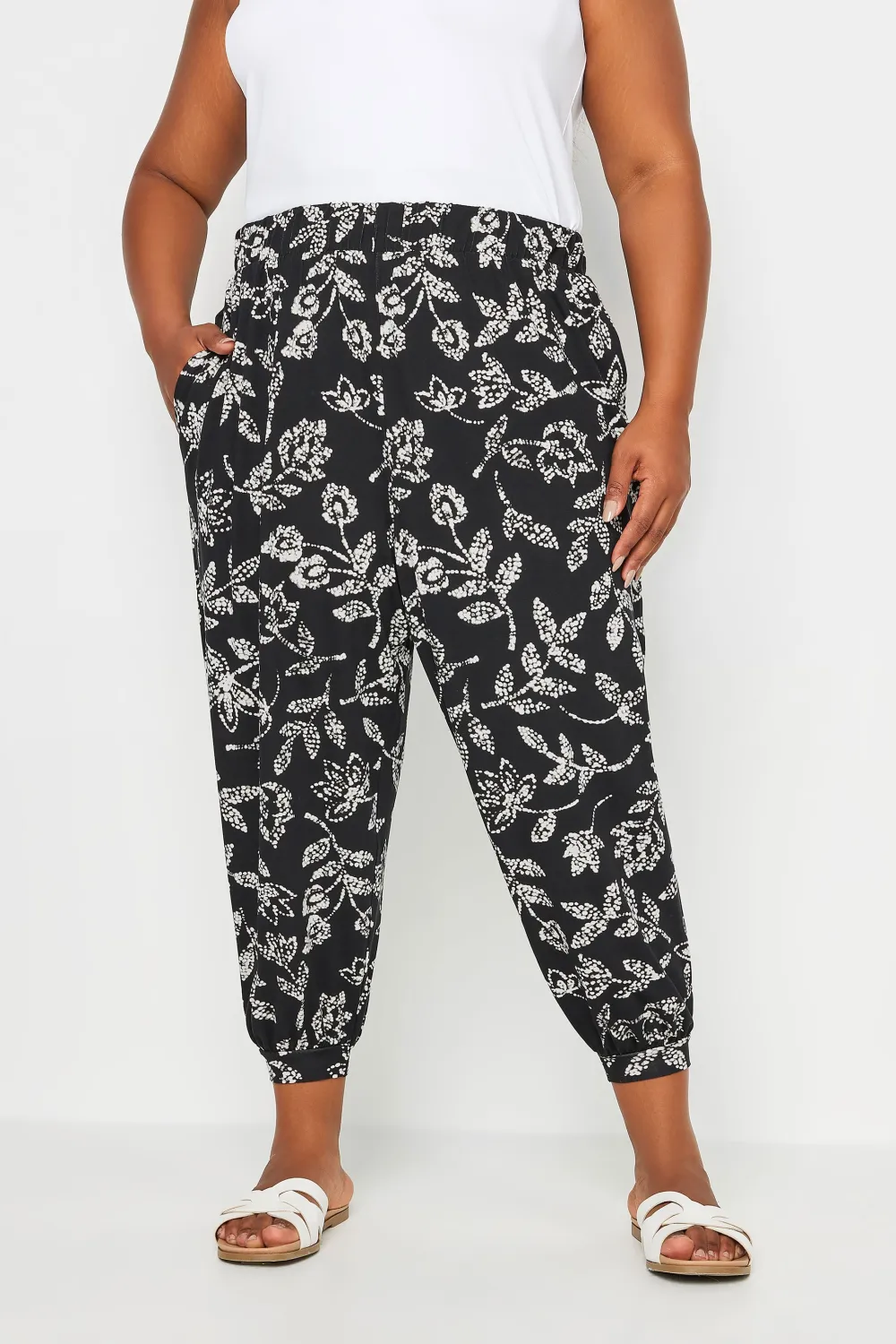YOURS Curve Beige Brown Leaf Print Cropped Harem Trousers