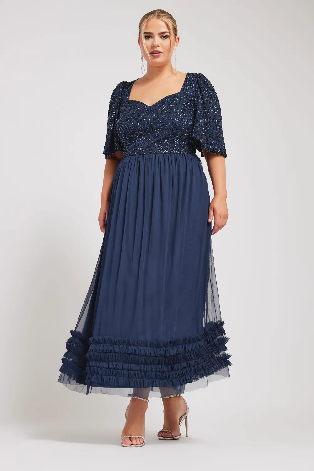 LUXE Curve Black Sequin Sweetheart Ruffle Maxi Dress