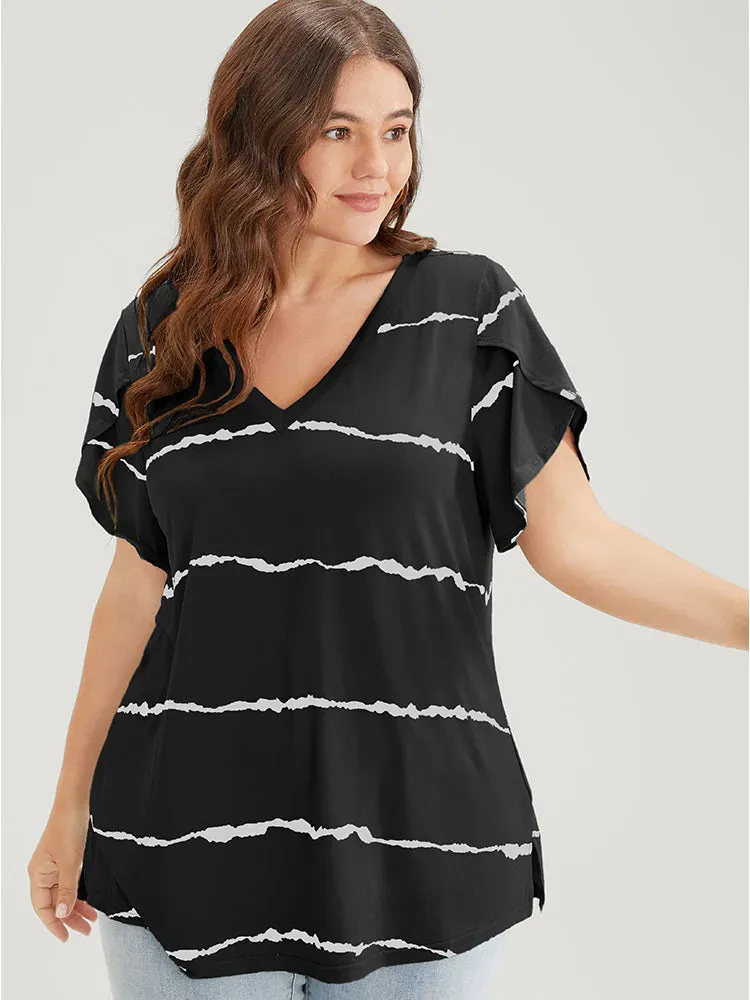 Striped Contrast Petal Sleeve T-shirt