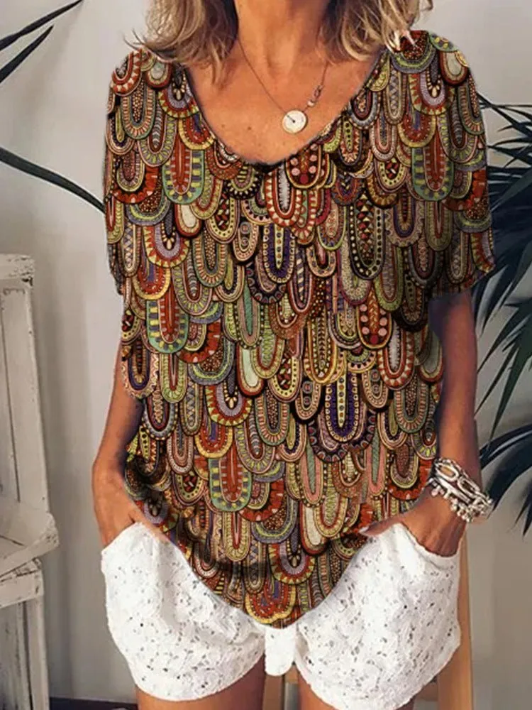 Women's T-Shirts Loose V-Neck Printed Short Sleeve T-Shirt（⚡Clearance Sale）