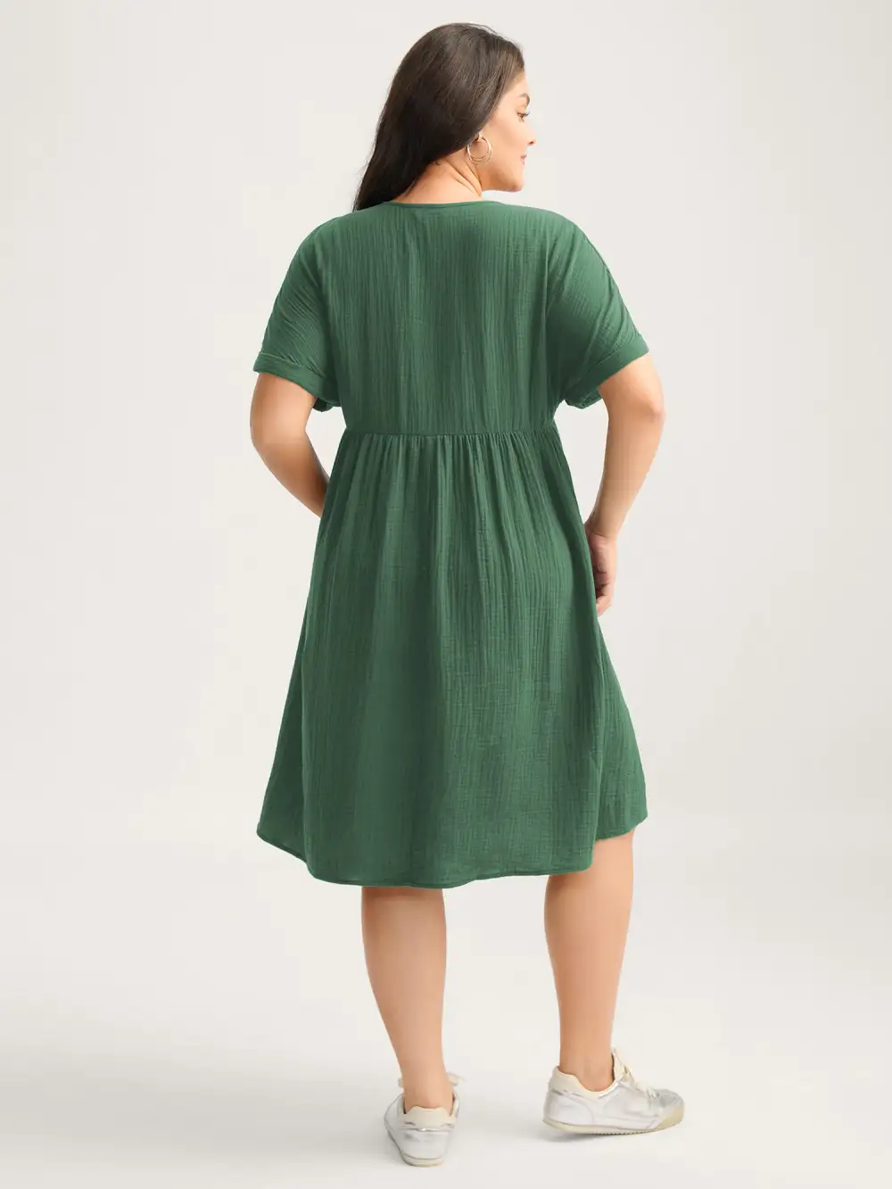 Pure Cotton Lace V-Neck Solid Midi Dress