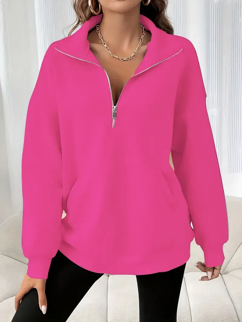 Cozy Zipper Slant Pockets Pullover Sweatshirt - Soft, Casual, Long Sleeve Crew Neck Design for Fall & Winter