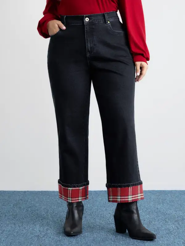 Stretchy Plaid Straight-Leg Jeans