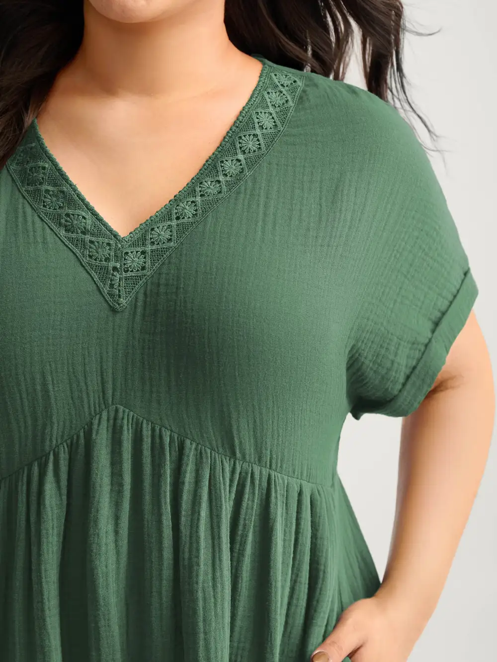 Pure Cotton Lace V-Neck Solid Midi Dress