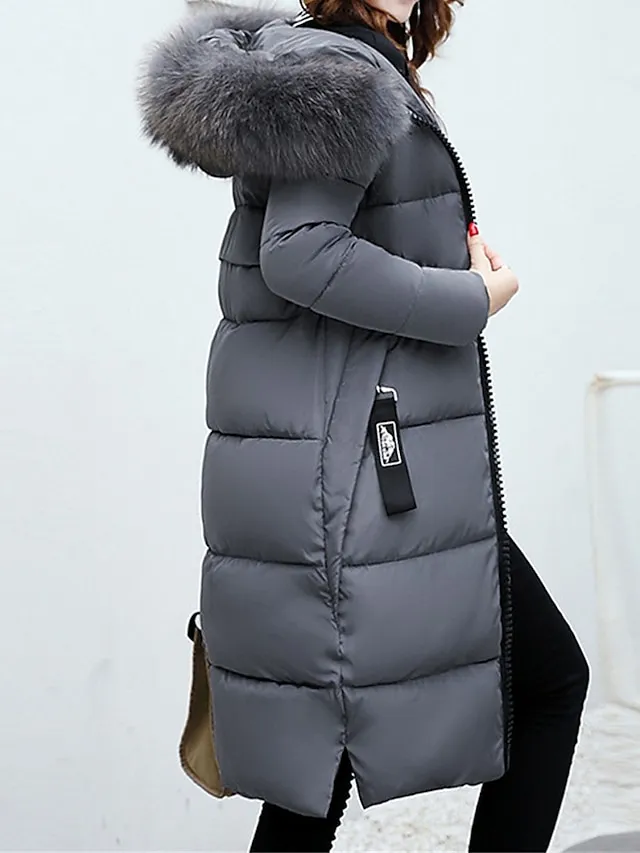 Women's Parka Long Puffer Jacket Winter Coat Zip up Hooded Coat with Fur Collar Thermal Warm Heated Coat Fall Brown Maillard Outerwear with Pockets Warm Classic Long Sleeve Fall Red