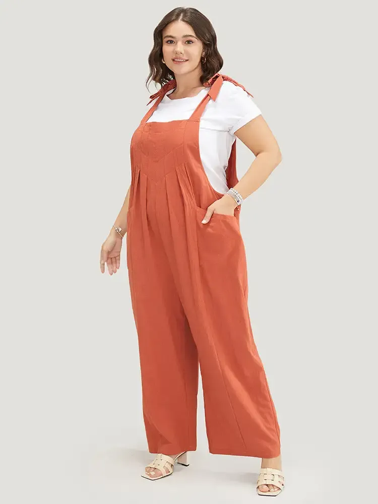 Solid Pleated Detail Pocket Knotted Shoulder Overall Jumpsuit