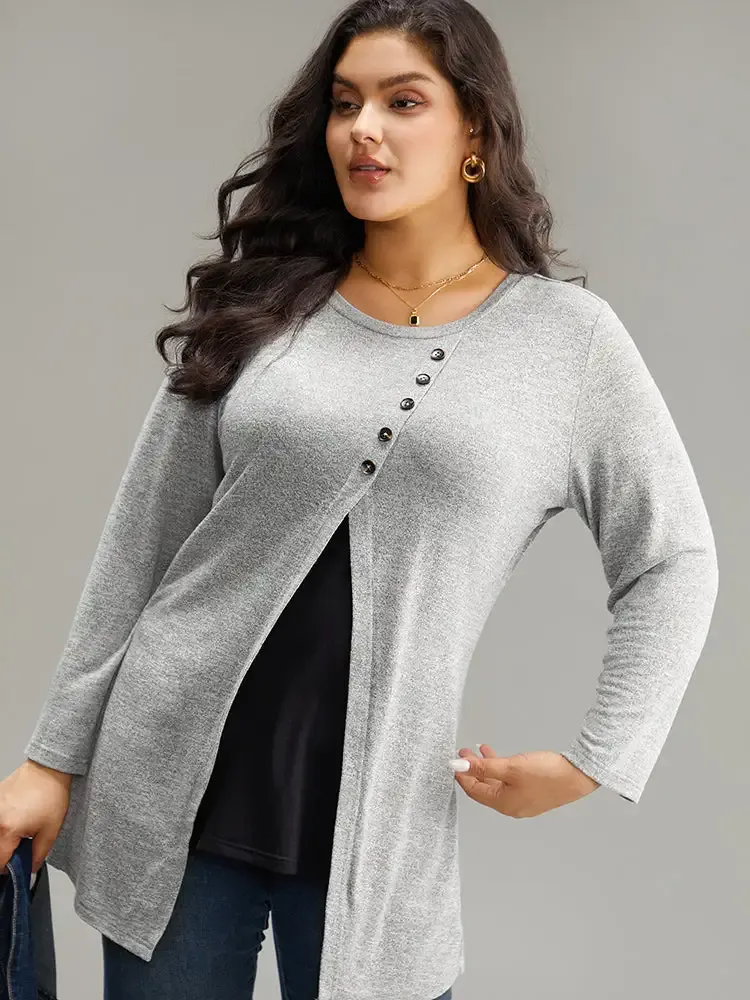 Contrast Patchwork Crew Neck Button Detail T-Shirt