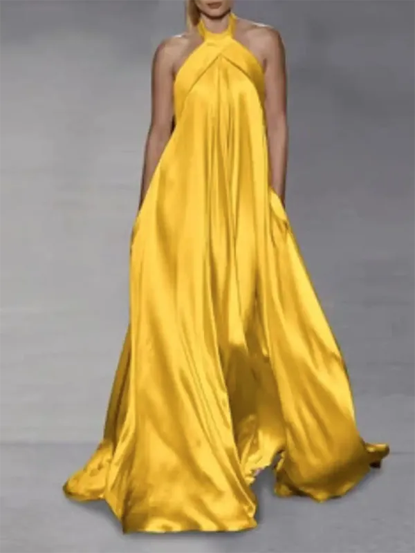 Loose Sleeveless Solid Color Halter-Neck Maxi Dresses