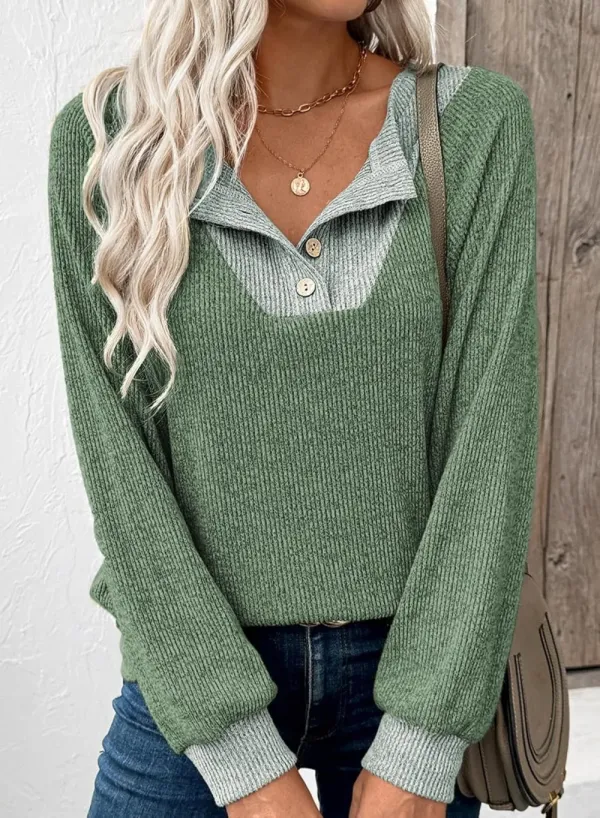 ✨Women's Colorblock Button Up V Neck Long Sleeve Casual Sweatshirts