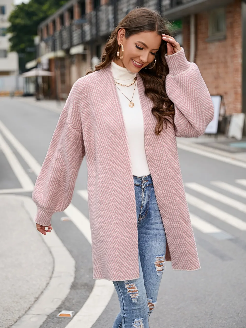 Chevron Pattern Bishop Sleeve Duster Cardigan