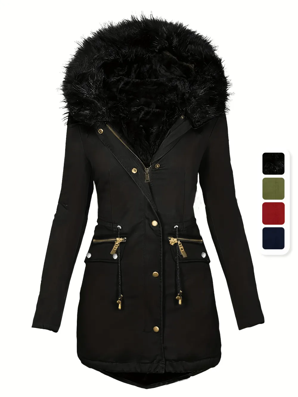 Stylish Faux Fur Trim Parka Coat - Women's Clothing - Zip-Up Thermal Overcoat with Button Front Pockets, Drawstring Hood, and Soft Faux Fur Lining for Winter Warmth