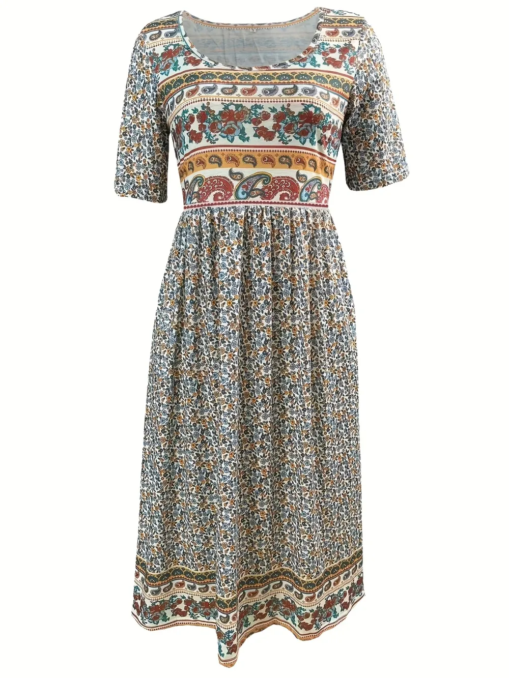 Floral Print Crew Neck Dress, Casual Short Sleeve Dress For Spring & Summer