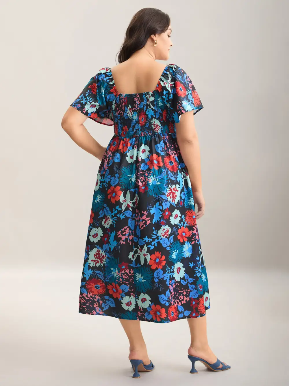 Floral Shirred Square Neck Pocket Midi Dress
