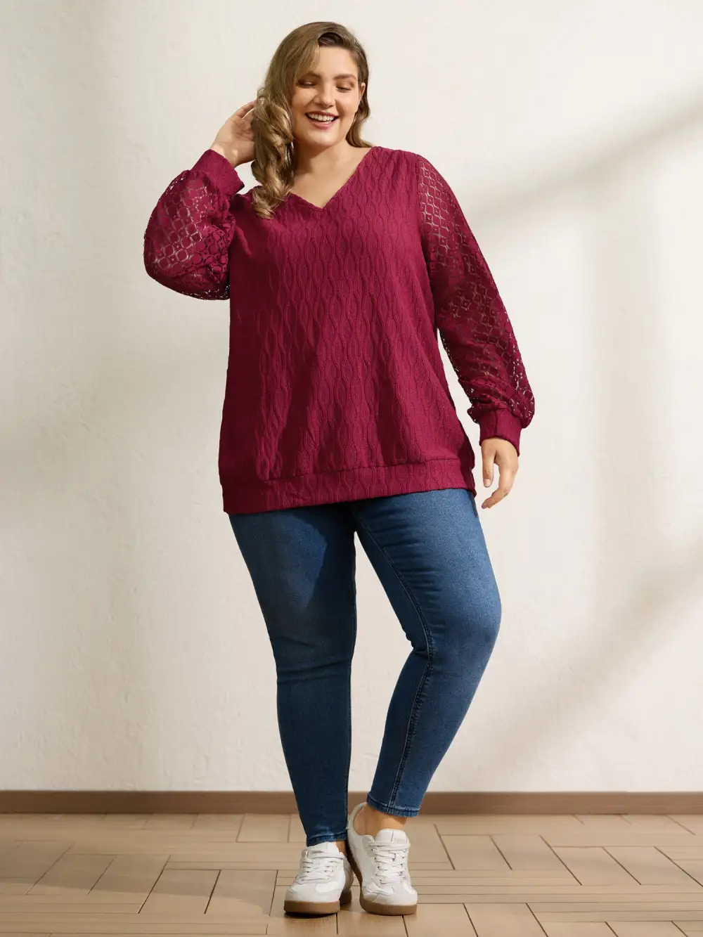 Sheer Textured Sleeve Stretchy Knit Top