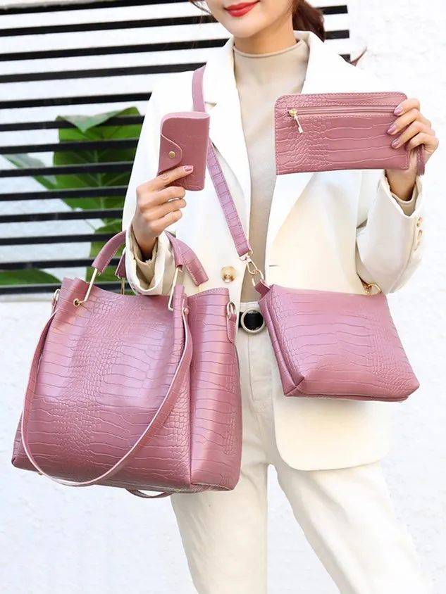 4pcs/set Large Capacity Crocodile Embossed Handbag Commuting Tote Bag with Crossbody Strap