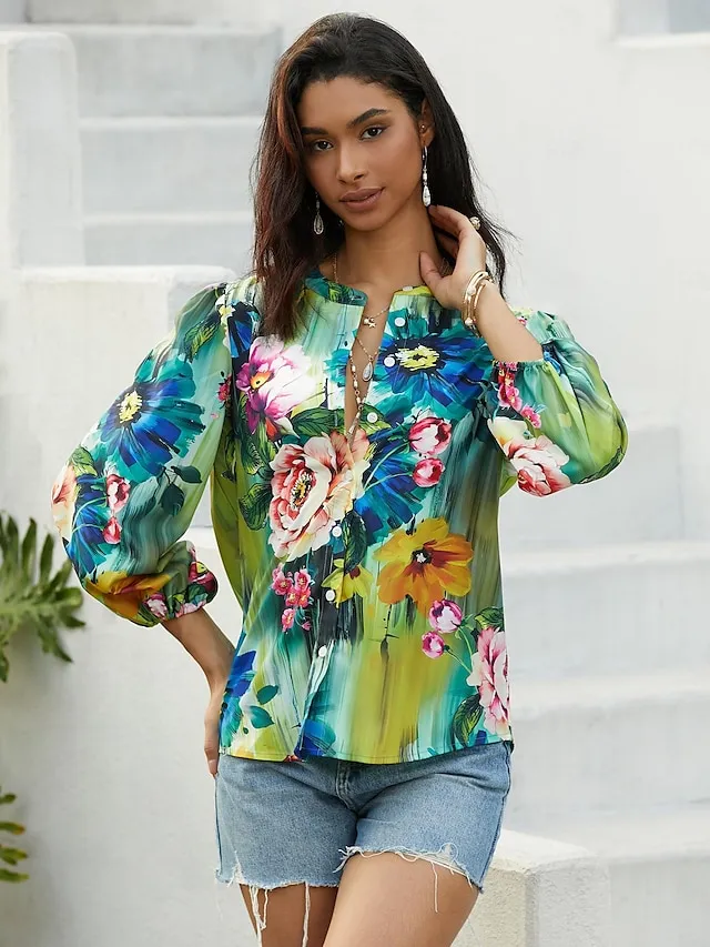 Women's Shirt Blouse Floral Button Print Casual Holiday Daily Basic Long Sleeve V Neck Blue Fall & Winter