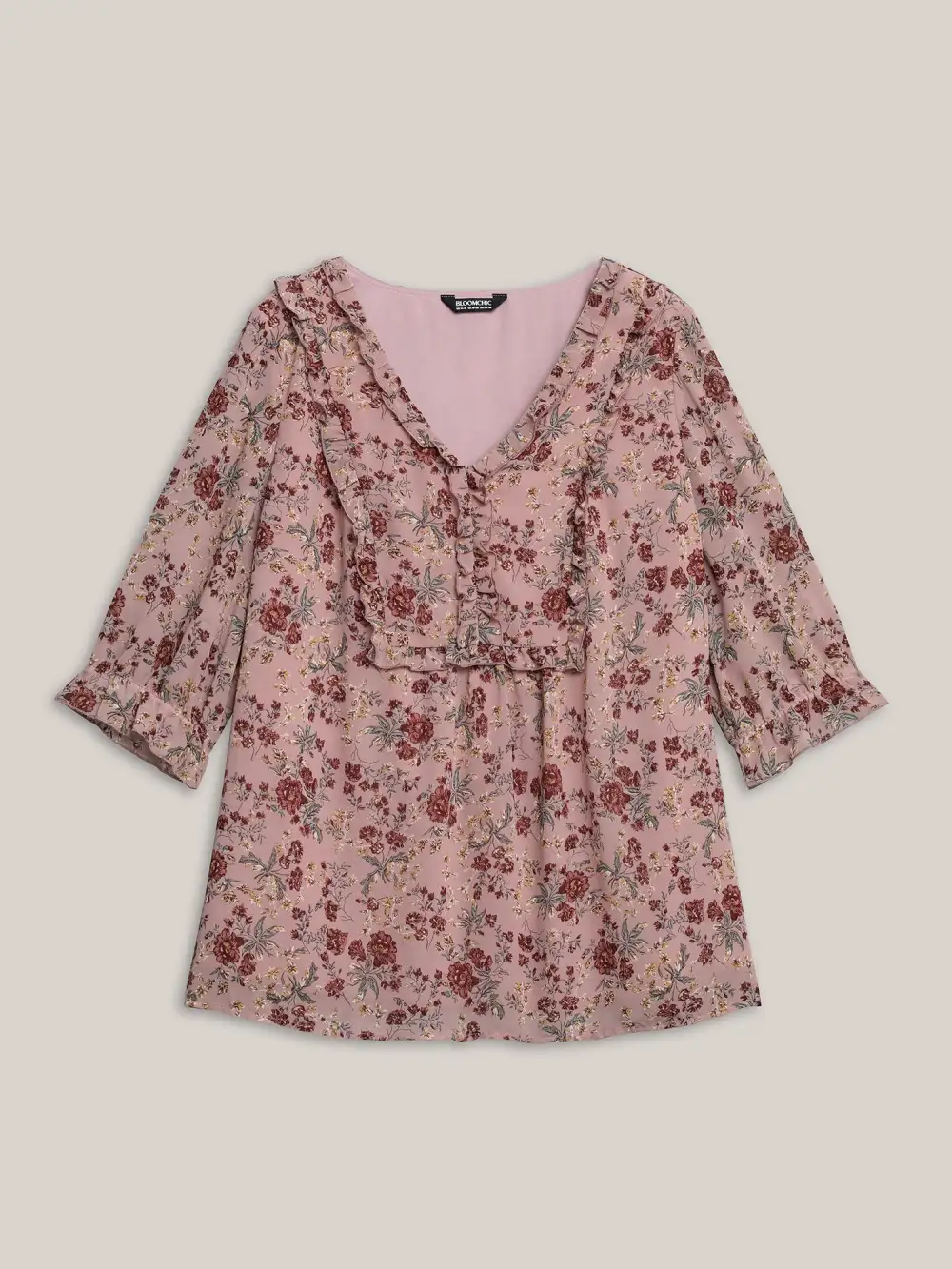 Chiffon Floral Print Ruffled Neck Flowy Shirt