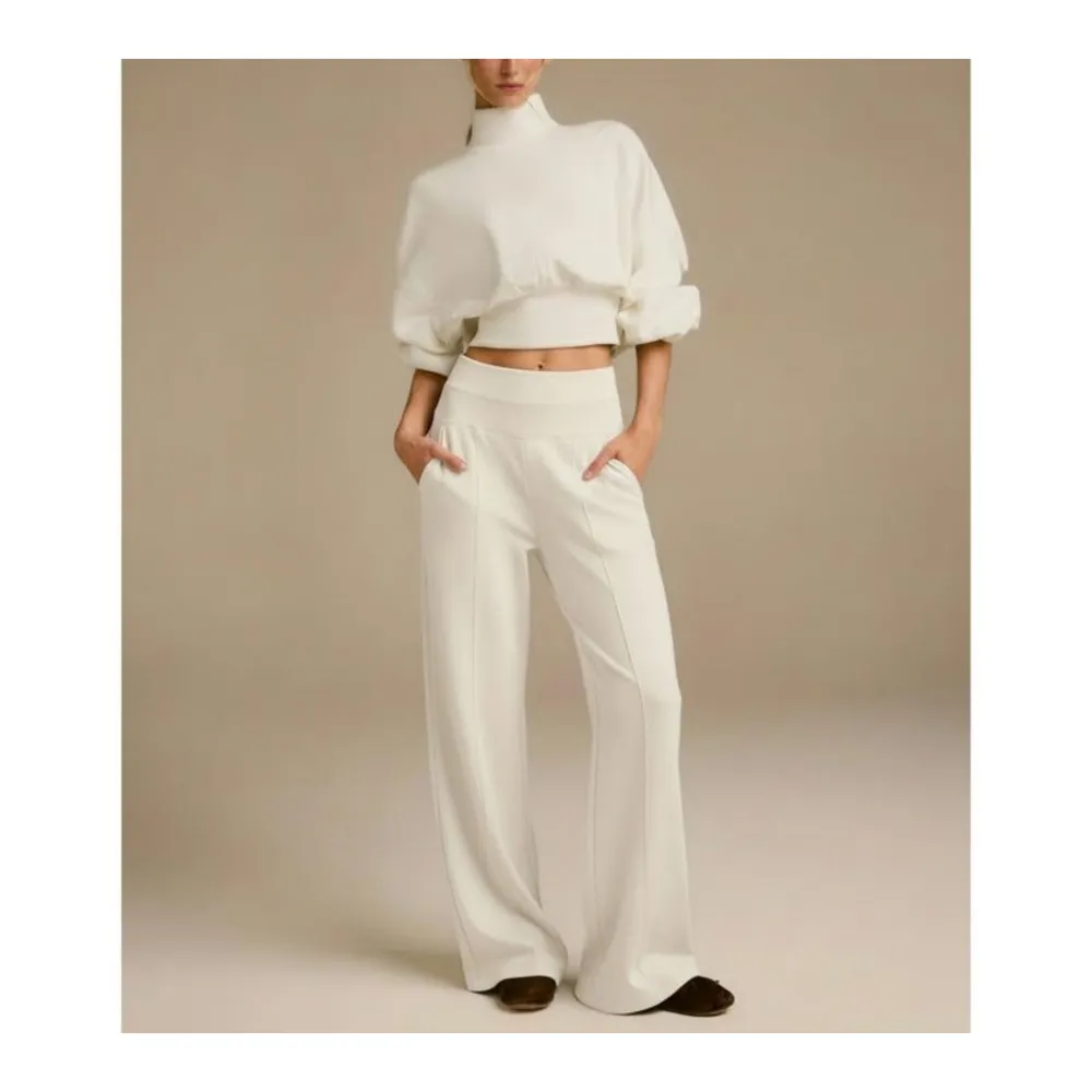 Turtleneck Puff-Sleeve Crop Top & Wide-Leg Pants Set