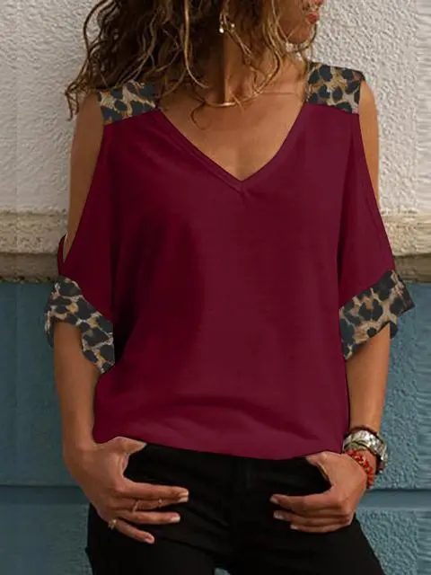 Leopard Print V-neck Cold Shoulder Tops