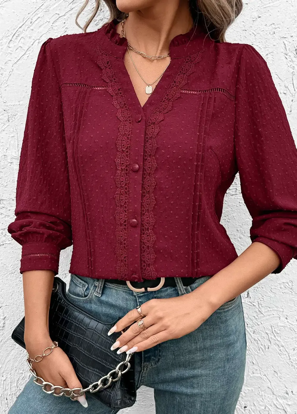Wine Red Tummy Coverage Long Sleeve V Neck Shirt