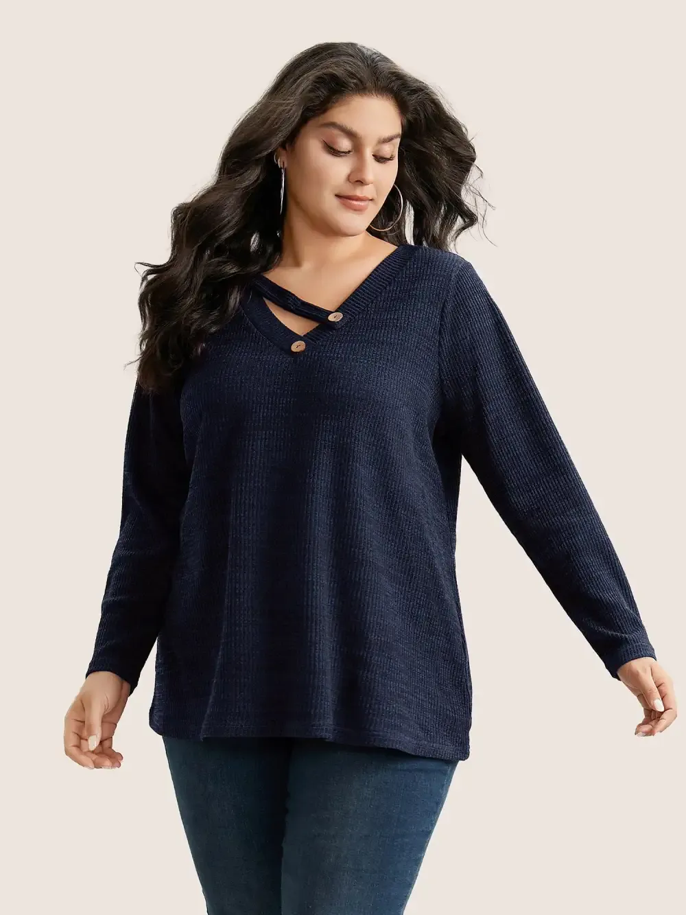 Solid Rib Knit Button Detail T-Shirt