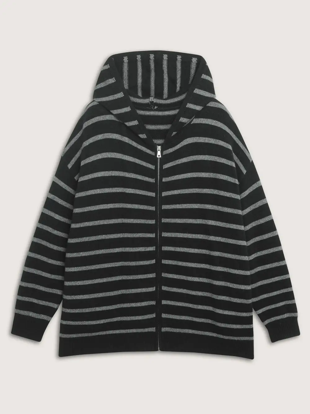 Supersoft Stripe Hooded Zipper Pockets Knit Cardigan