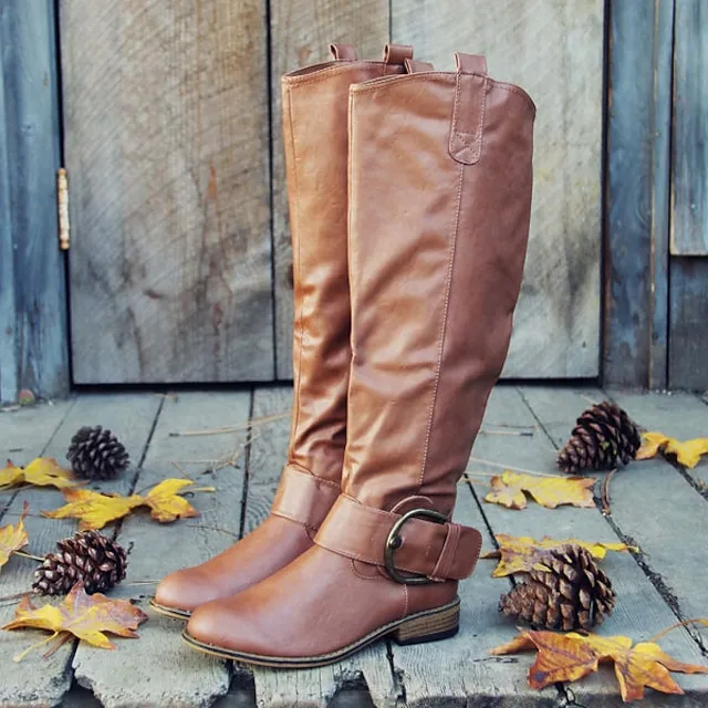 （Clearance Sale 👏）Women's Green Faux Leather Slouchy Western Boots with Buckle Detail - Knee-High Cowboy Style Boots for Casual and Boho Chic Outfits