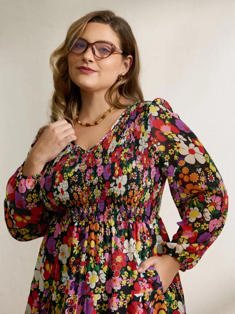 Floral Shirred Pockets Stretchy Waist Midi Dress