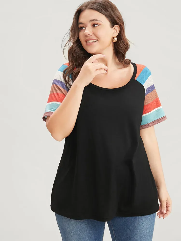 Striped Contrast Raglan Sleeve Round Neck T-shirt