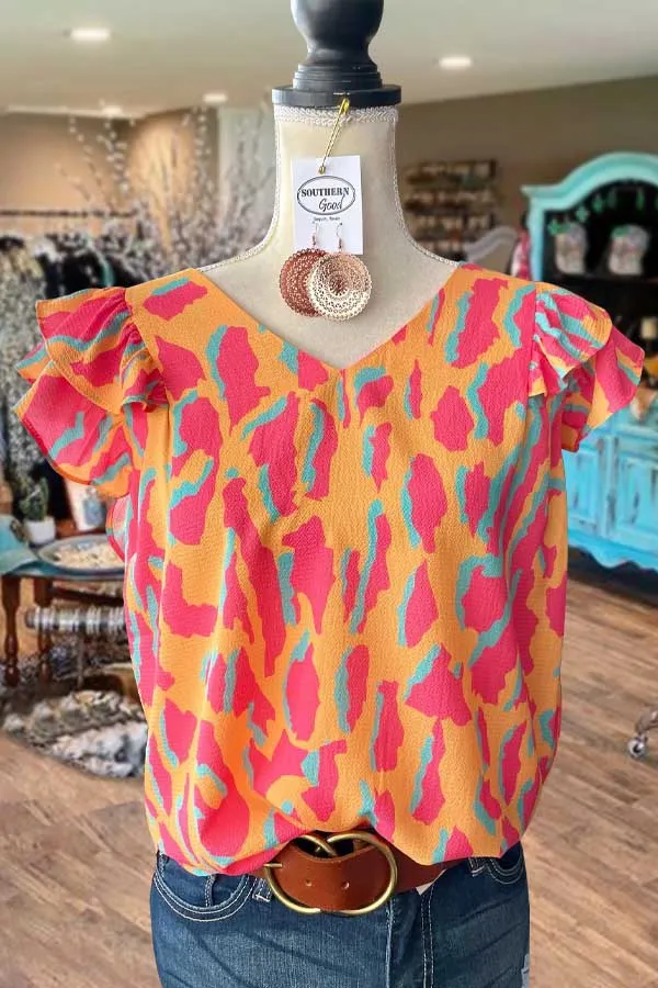 Graphic Print Ruffle Sleeve V-Neck Top