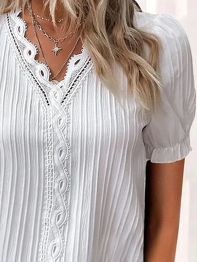 Women's White Dress Lace Dress Summer Dress Mini Dress Lace Street Date Streetwear V Neck Short Sleeve Regular Fit White Color S M L XL 2XL Size