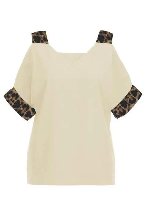 Leopard Print V-neck Cold Shoulder Tops
