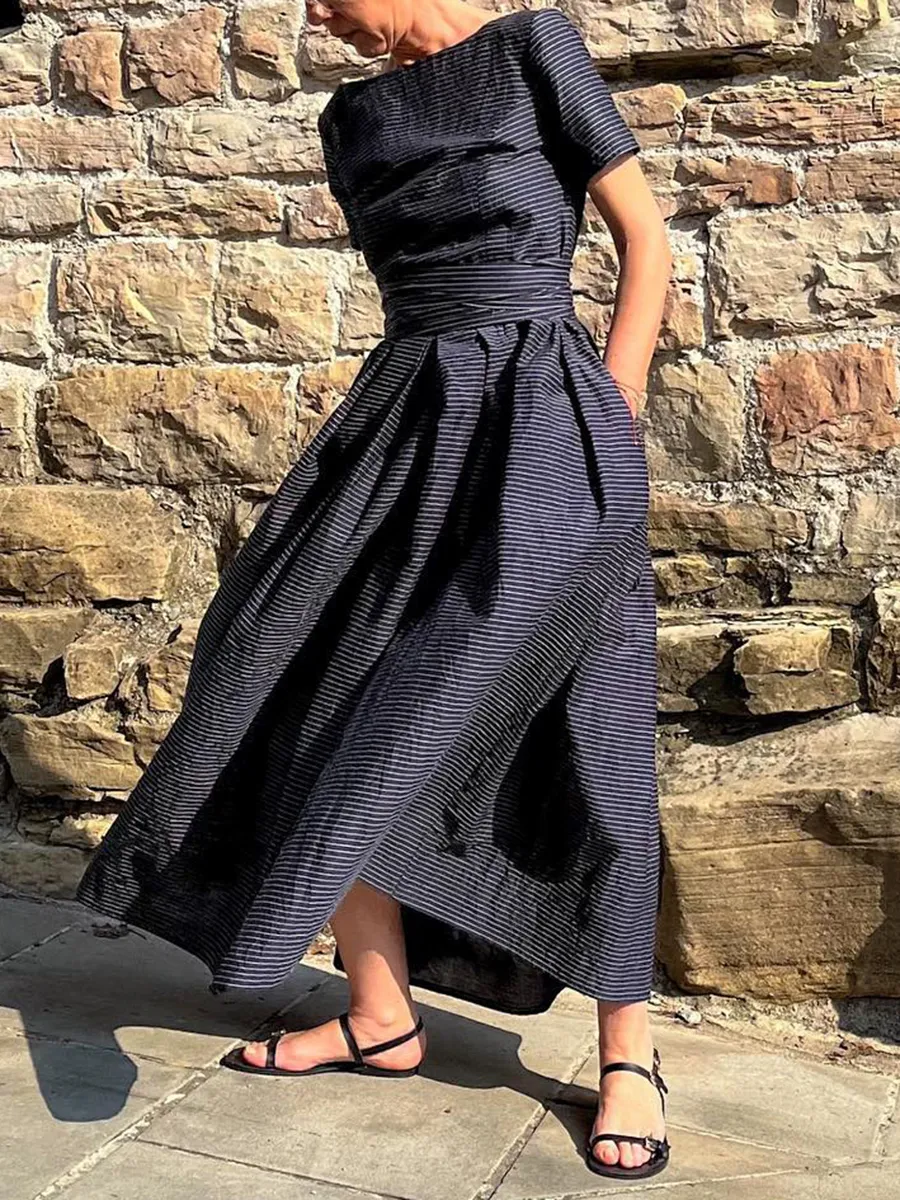 Relaxed Striped Tie Waist Maxi Dress