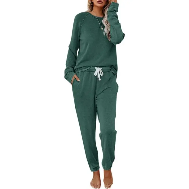 Women's Solid Sweatsuit Set 2 Piece Long Sleeve Pullover and Drawstring Sweatpants Sport Outfits Sets