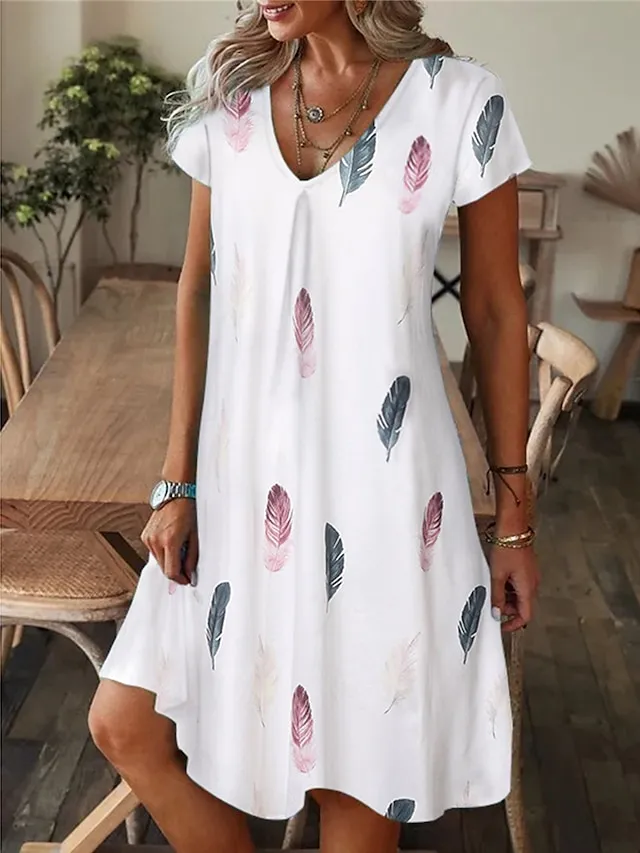 Women's Floral Leaf Print V Neck Midi Dress Daily Vacation Short Sleeve Summer Spring