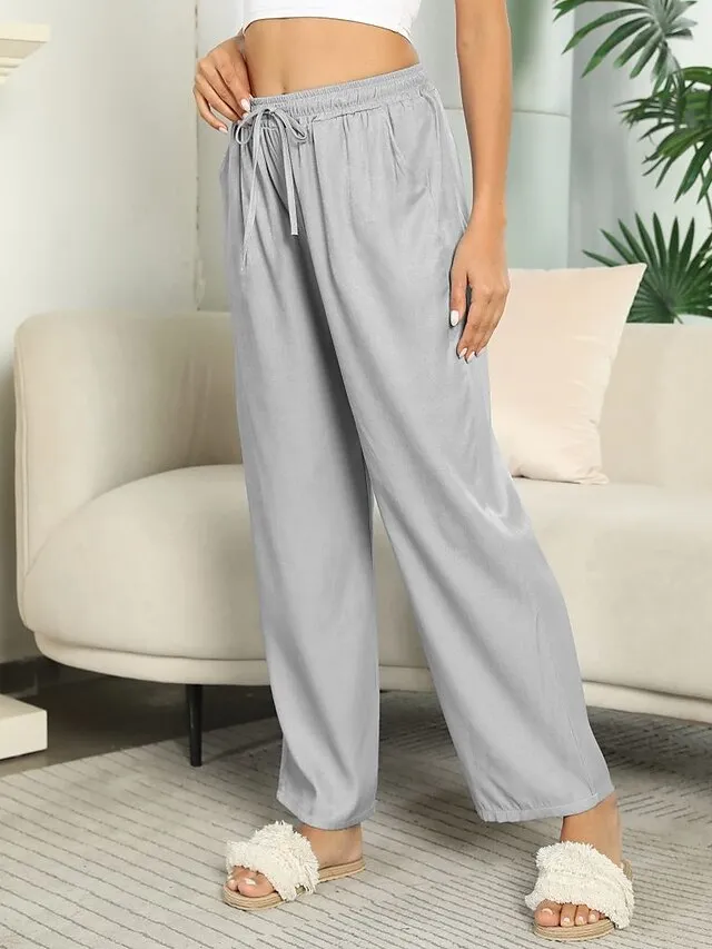 Women's Basic Essential Classic Culottes Wide Leg Chinos Drawstring Pants Casual Inelastic Solid Colored Faux Linen Lightweight Mid Waist Loose Black Blue Gray Dusty Blue S M L XL XXL