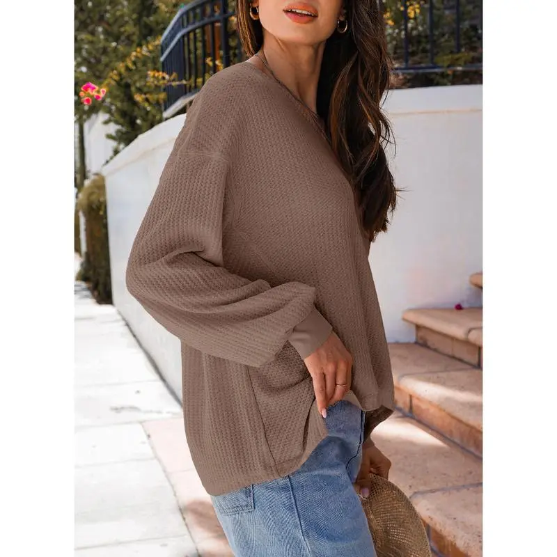 Women's Waffle Knit Top – V-Neck Oversized Lantern Sleeve Blouse