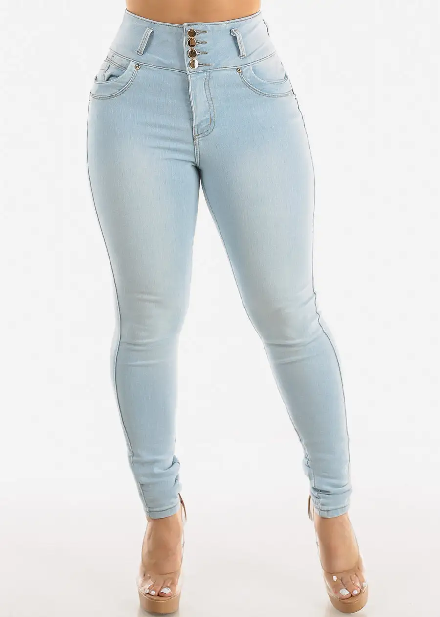 Super High Waisted Butt Lifting Skinny Jeans Light Blue