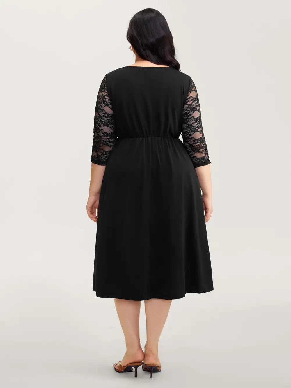 Stretchy Sheer Sleeve Cinched-Waist Midi Dress