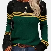 Color Block Boat Neck Knitted Top, Casual Long Sleeve Pullover Sweater For Fall & Winter, Women's Clothing