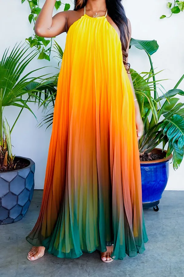 Gradient Glamorous Pleated Backless Maxi Dress