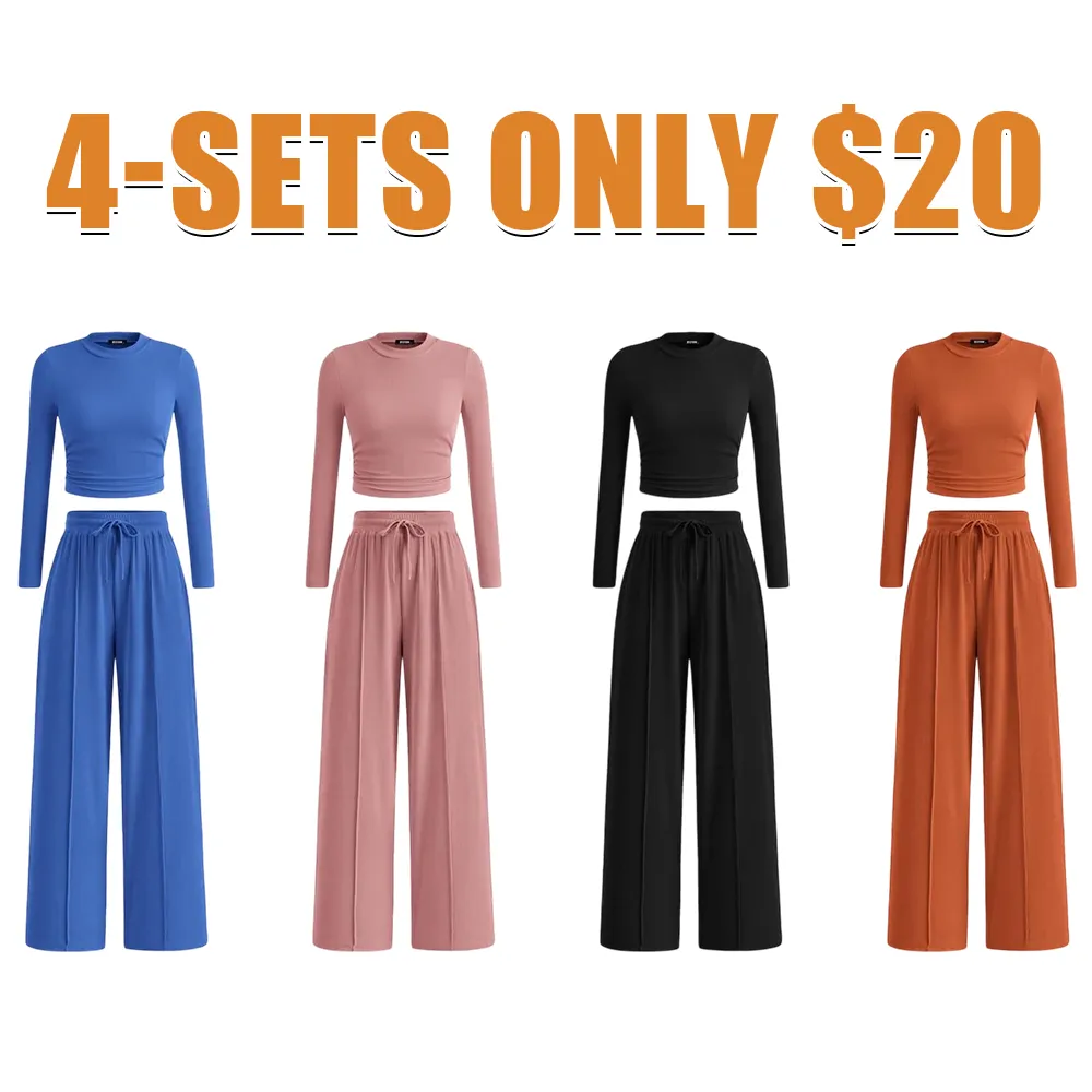 2-Piece Ribbed Knit Long Sleeve Crop Top Wide Leg Pants Matching Lounge Set Loungewear