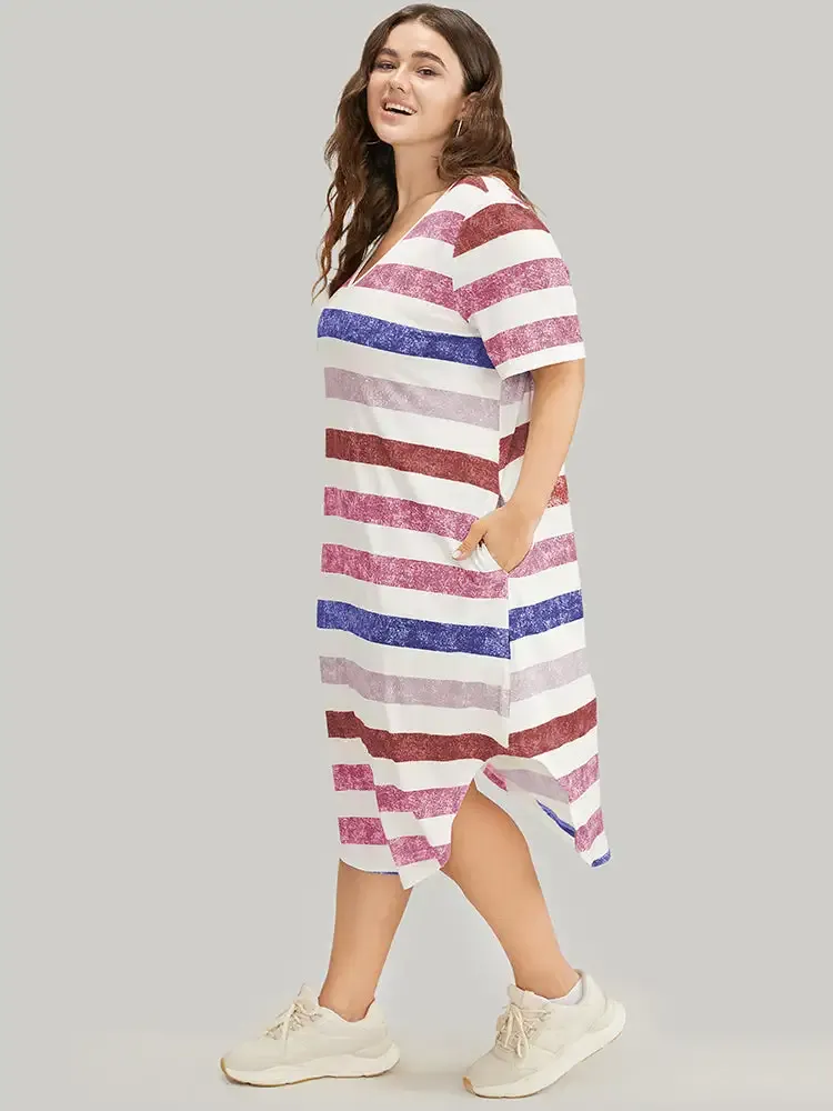 Striped Contrast Arc Hem V Neck Pocket Dress
