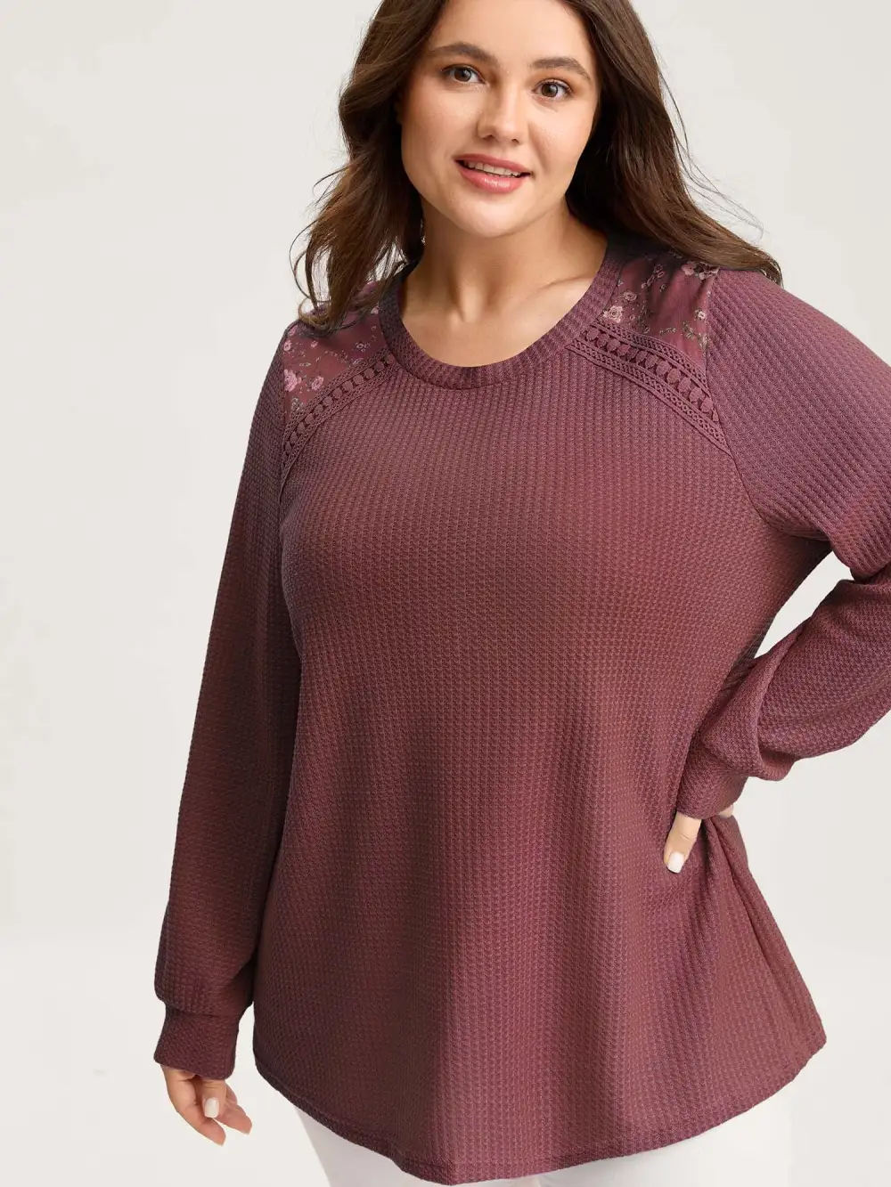 Waffle Spliced Floral Lace Sweatshirt