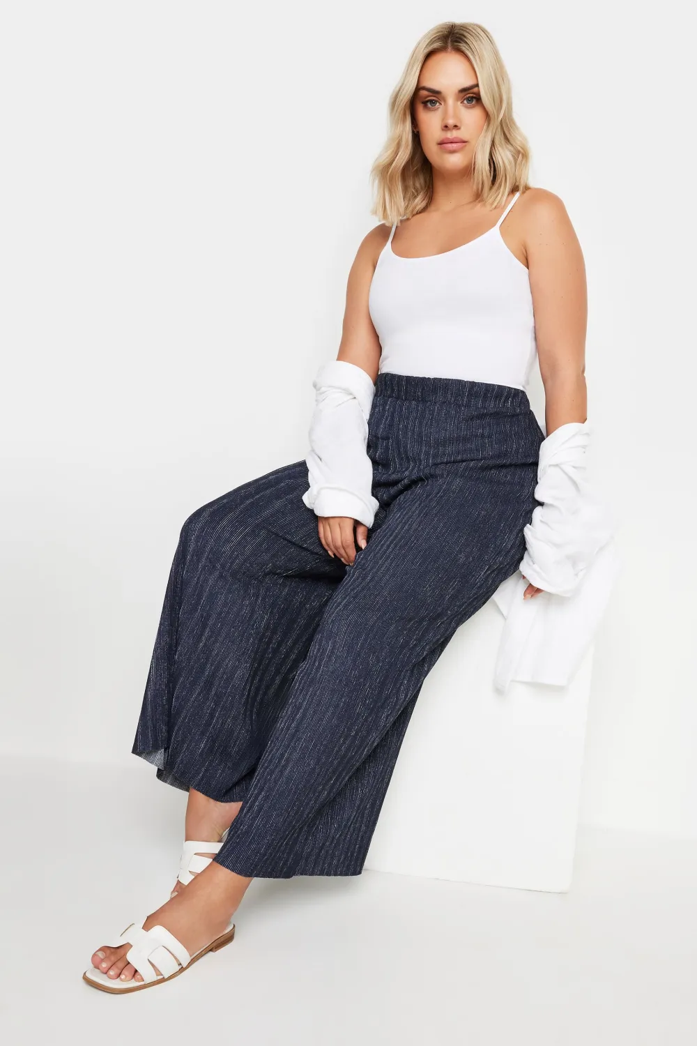 YOURS Curve Blue Abstract Print Textured Wide Leg Trousers